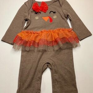 Baby girl festive brown thanksgiving turkey romper